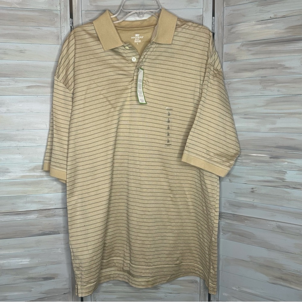 Dockers Golf polo shirt short sleeve NWT men’s size Large tan blue white stripe